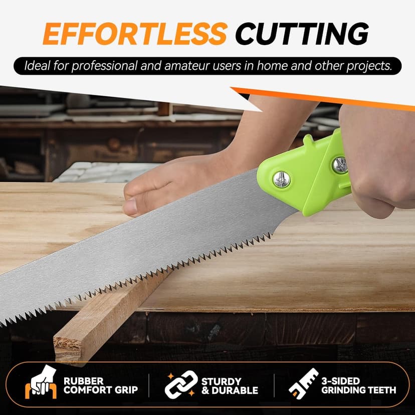 Auto Dynasty 15.5" Curved Hand Pruning Saw Straight Blade Handsaw with Scabbard Safety Sheath Non-Slip Comfort Grip for Sawing, Trimming, Gardening, Cutting Wood, Green