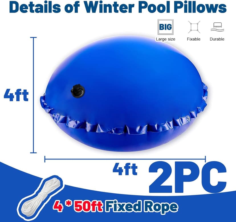 Pool Pillows for Above Ground Pools 4x4 FT Pool Pillow for Winterizing with Boston Valve 0.4mm PVC Air Pillow for Above Ground Pool Winter Swimming Pool Closing Kits with 50ft Rope (2 PCS)