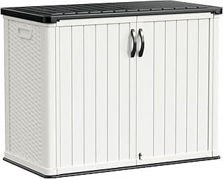 Greesum Outdoor Storage Deck Box Cabinet 150 Gallon, Horizontal Resin Storaged Shed, Pad-Lockable, Waterproof and UV Protection for Garden, Garage, Lawn, Without Shelf, White