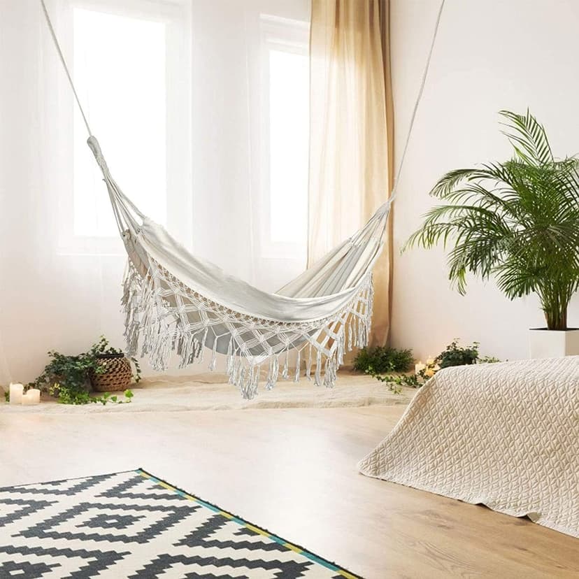 Hammock Brazilian Double Hammocks Soft Comfortable Fabric Cotton Canvas Hanging Portable Two Person Hammock Boho Fringe Large for Adults Backyard Travel