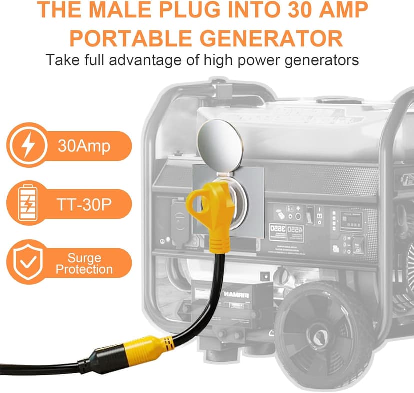 Generator Transfer Switch Adapter Cord NEMA TT-30P to L14-30R, 3 Prong 30 Amp RV Generator TT-30 Male Plug to 4 Prong 30 Amp Inlet Box L14-30 Female Connector, STW 10AWG/3C, ETL Listed