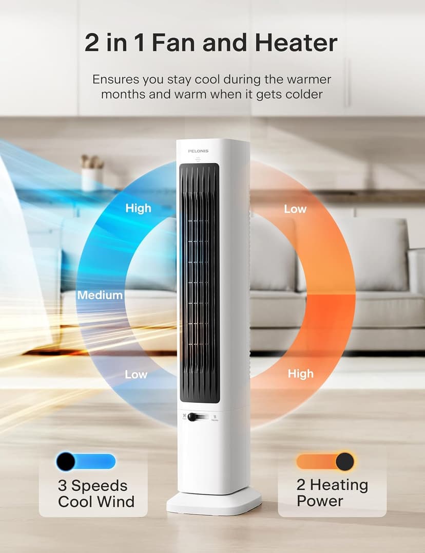 PELONIS Oscillating Tower Fan and Heater Combo with Remote Control - Heater Fan Combo for Indoor Use – 3 Fan and 2Heater Speeds, 12-HR Timer, ECO Mode, Tip Over and Overheat Protection, White