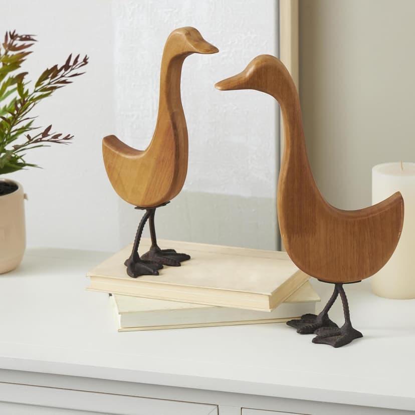 Deco 79 Wood Duck Decorative Garden Sculpture Abstract Minimalistic Garden Statues with Black Metal Feet, Set of 2 Outdoor Sculptures 13", 12"H, Brown