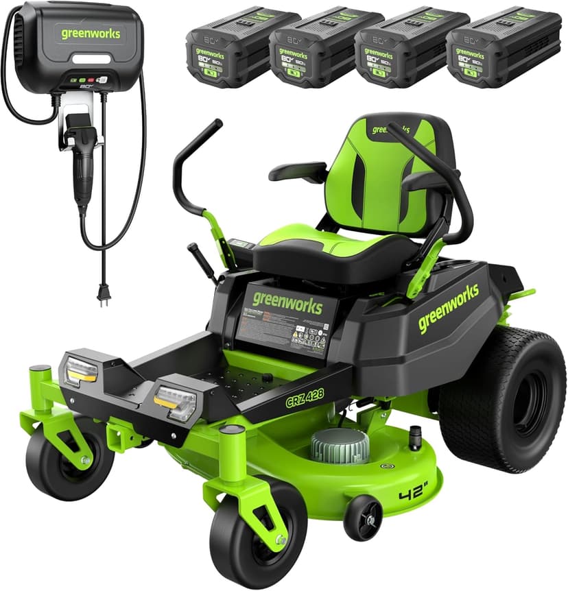 Greenworks 80V 42" CROSSOVERZ Zero Turn Lawn Mower, (4) 5.0Ah Batteries and (600W) Plug in Charger
