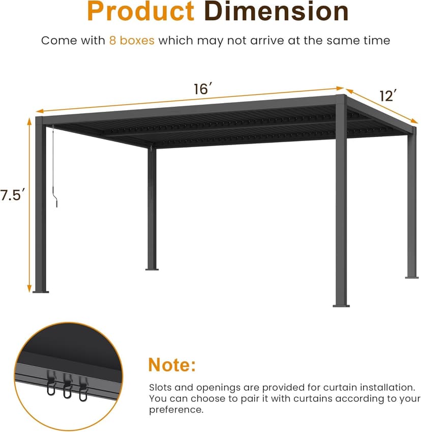 Louvered Pergola 12'x16', Full Aluminum Outdoor Pergola with Adjustable Rainproof and Gutter System, Hardtop Gazebo for Patio, Deck, Garden, Yard, Black