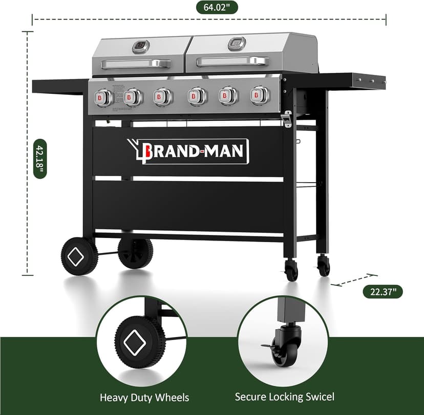 Brand-Man Griddle Grill Combo 6-Burner, 2 in 1 Versatile Propane Gas Grill and Griddle with Double Lids, BBQ Combo for Outdoor Kitchen & Backyard Barbecue Cooking