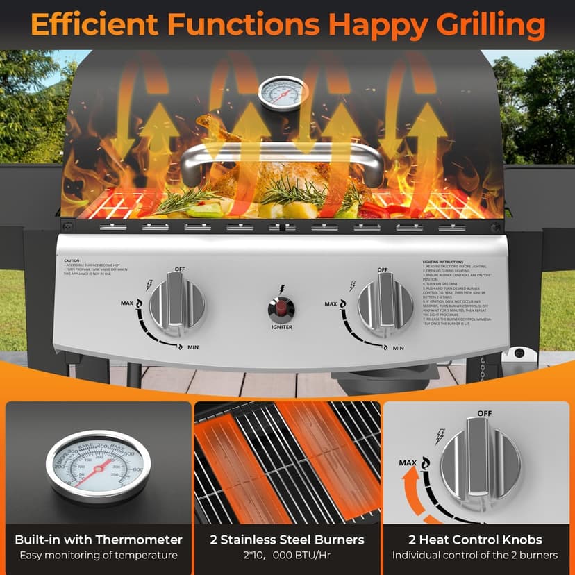 Propane Gas Grill 21000 BTU with 2-Burner,325 sq.in. Outdoor BBQ Grill for Barbecue Cooking with Top Cover Lid,Wheels,Side Storage Shelves,Barbeque Stove for Patio Garden Camping,Black
