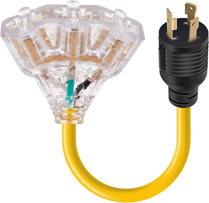 30 Amp to 110 Adapter Generator Power Cord, 3 Prong 30 Amp to 15 Amp Generator Adapter, Nema L5-30P Male to 3X 5-20R Female with Lighted End, 1.5 FT