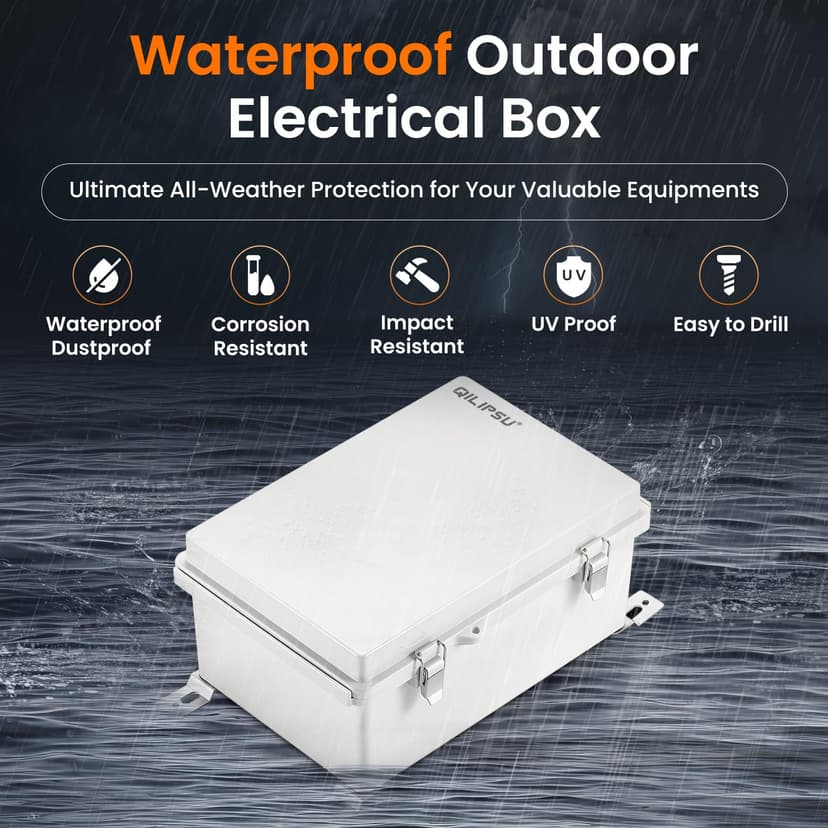 QILIPSU Waterproof Junction Box IP67 Outdoor Plastic Electrical Project Enclosure Weatherproof with Mounting Plate, Wall Brackets, Hinged Grey Cover 11.2"x7.7"x5.1"