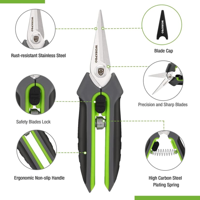 WORKPRO 2 Pack Garden Pruning Shears with Sheath, 6.5” Small Hand Pruners/Snips/Clippers- Spring Loaded & Precision Straight Blades, Microgreen Trimming Scissors for Flowers, Weeds, Indoors Bonsai