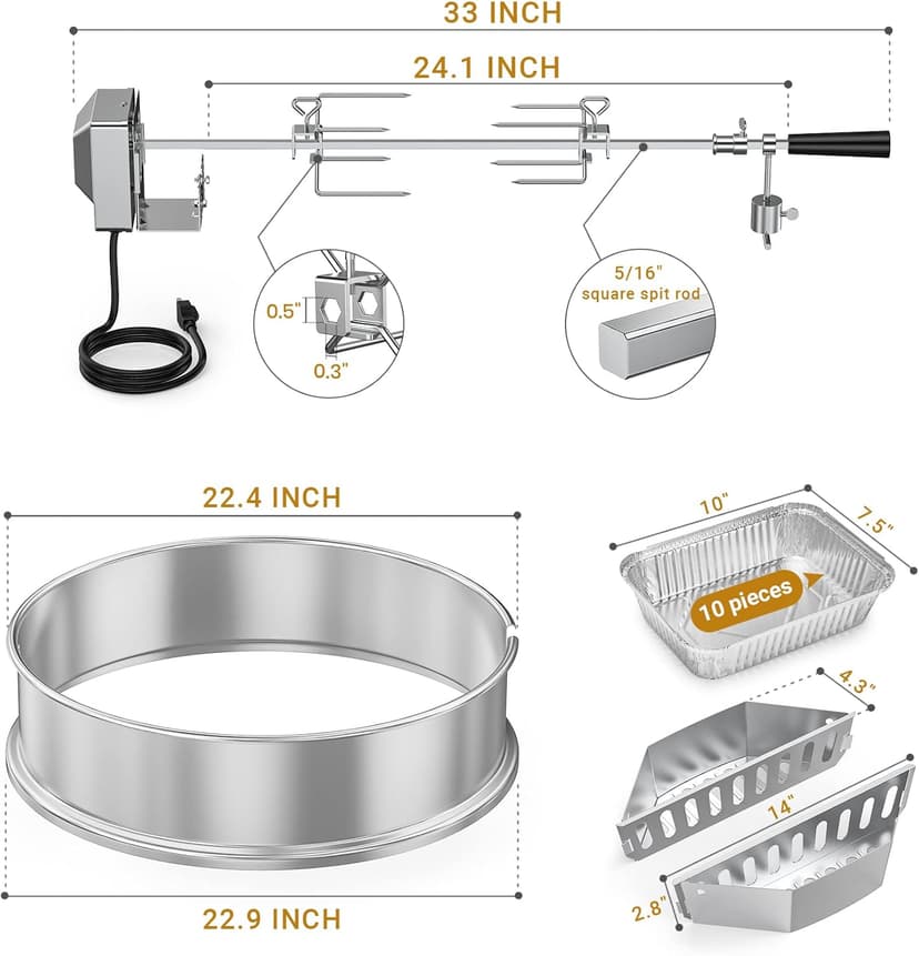 onlyfire Upgrade Stainless Steel Rotisserie Ring Kit for Weber 22-inch Kettle Charcoal Grills, Comes with Charcoal Baskets and 10 Pack Drip Pans