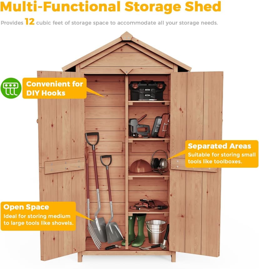 66" Outdoor Storage Shed with Double Doors, Large Wooden Capacity Storage Tool Cabinet Box with Waterproof Roof, Garden Wood Tool Shed for Yard Deck Lawn Farmland (Cherry)