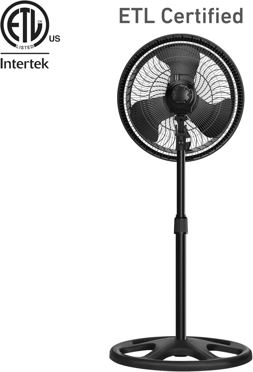 HOLMES 16" Outdoor Misting Stand Fan, Hose Connection, 3 Speeds, 3 Micro-Mist Levels, 80° Oscillation, Adjustable Height, 25° Head Tilt, GFCI Plug, Black