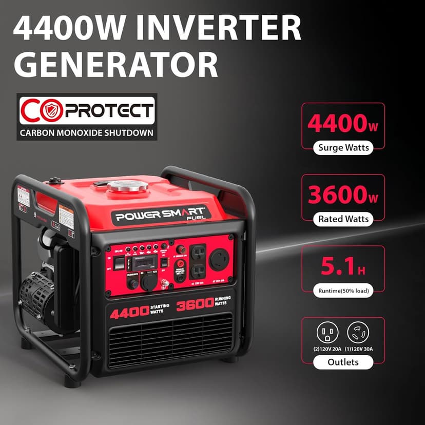 PowerSmart Portable Inverter Generator 4450W, Gas Powered, CO-Sensor, EPA Compliant, Lightweight & Quiet for Home Use and Emergency Backup, Camping