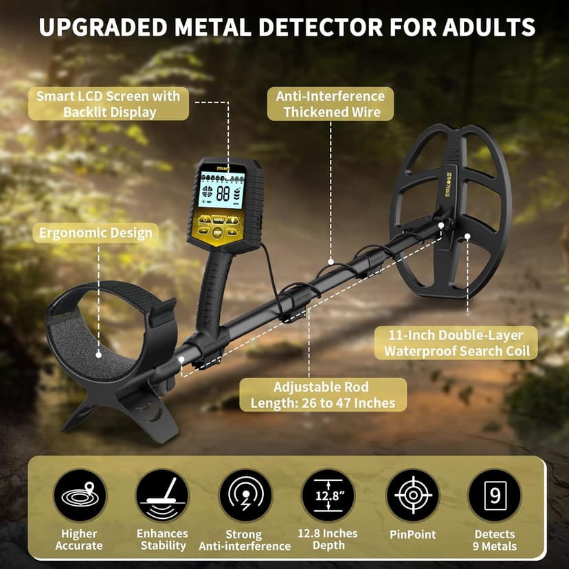 SAKOBS Metal Detector for Adults Professional – Higher Accuracy 9 Types of Metal Target Detection, 11" Waterproof Double-D Coil, New Upgraded DSP Chip and LCD Display （12.8" Detection Depth）