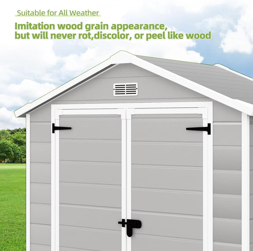 Outdoor Storage Shed 6x4.4FT, Resin Shed Plastic with Floor for Garden Tool,Waterproof Outdoor Resin Storage,Lockable Doors for Patio,Yard,Lawn (LightGray 6x4)