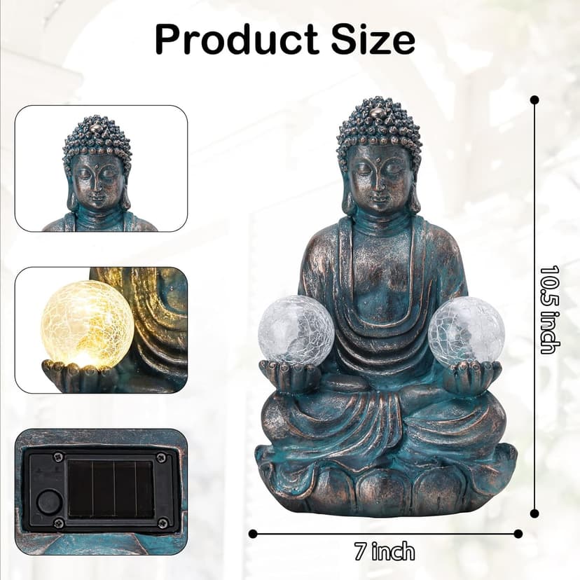 Afirst Meditating Buddha Garden Statues Solar Buddha Sculpture Decor with Glass Balls Zen Meditation for Home Garden Yard Patio Indoor Outdoor Ornaments