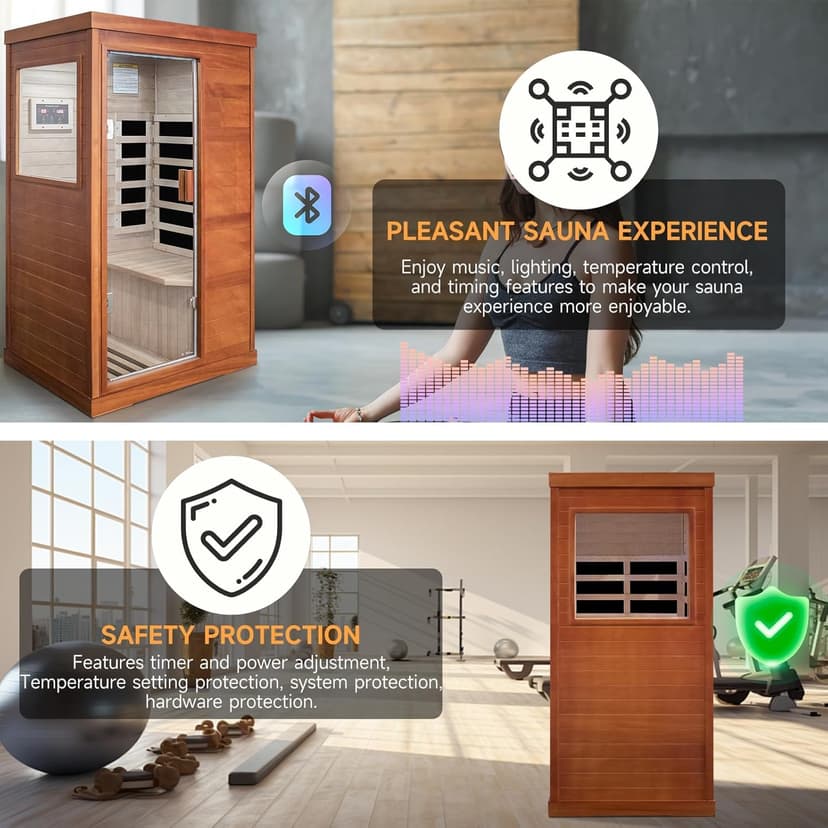 Sauna, Far Infrared Saunas for Home 1 Person Wood Sauna Okoume 800W/110V Low Emf Dry Sauna Indoor Sauna Room with Tempered Glass Door/Speakers/Air Hole and LED Lighting - 35.2*27.6*61.6 IN