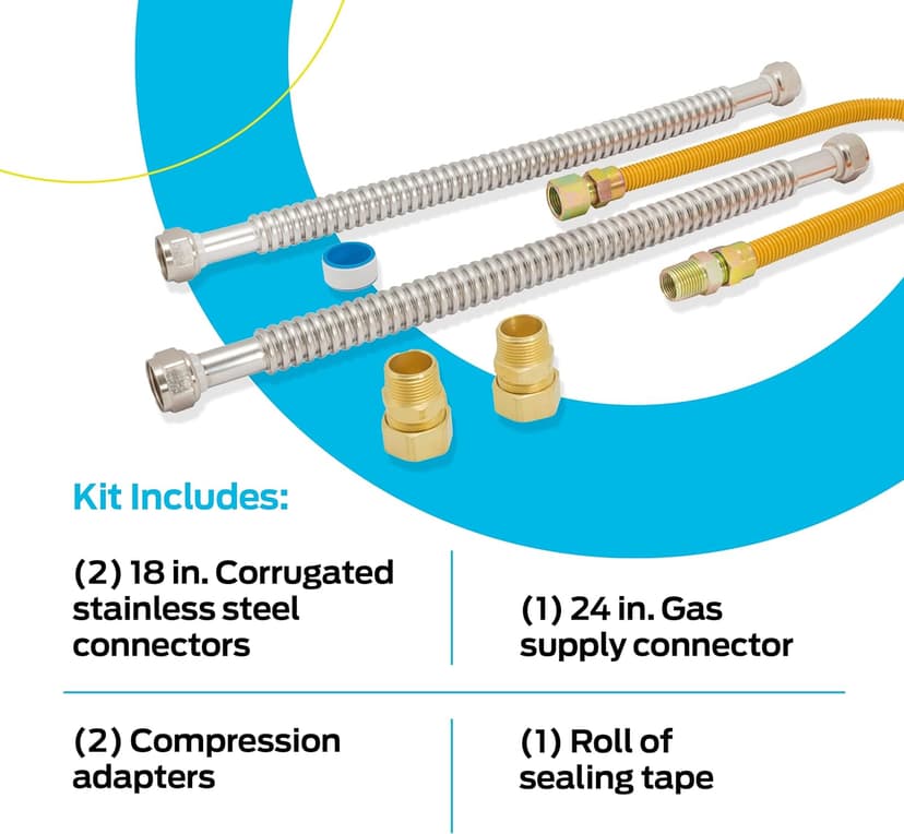 Eastman Gas Water Heater Installation Kit, 18 Inch Corrugated Stainless Steel Water Heater Hoses, 24 Inch Yellow Gas Supply Connector, 48280