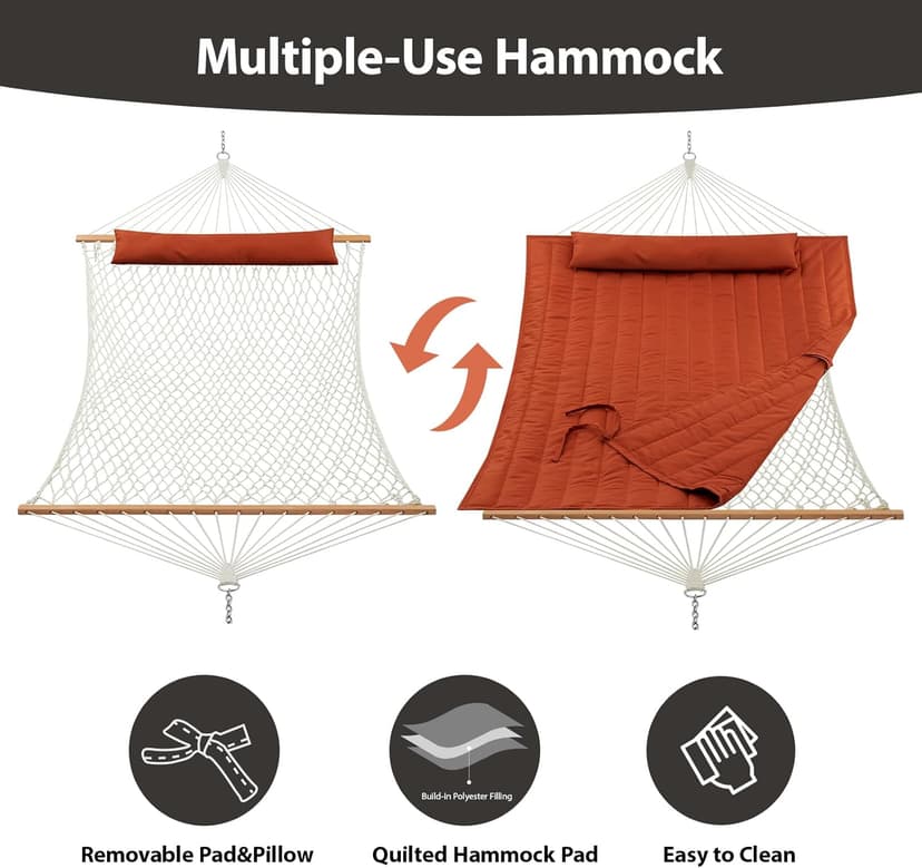 Outdoor Double Hammock with Hardwood Spreader Bars, Cotton Rope Hammock with Polyester Pad and Pillow, 475 LBS Capacity 2 Person Hammock, Large Hammock for Patio Backyard Poolside - Terracotta