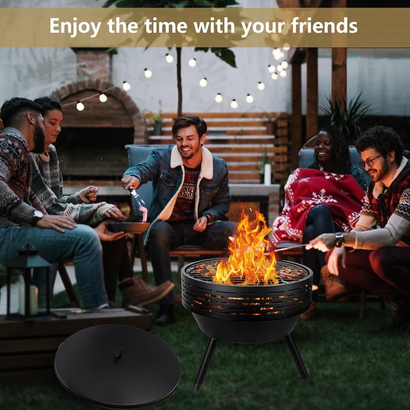 3-in-1 Fire Pit with Grill & Lid, 23" Outdoor Fire Pit Table, Cast Iron Wood Burning Firepit, Heavy Duty Fire Bowl for Outside Patio, Backyard Fireplaces, Large BBQ Pit Table with Fire Poker