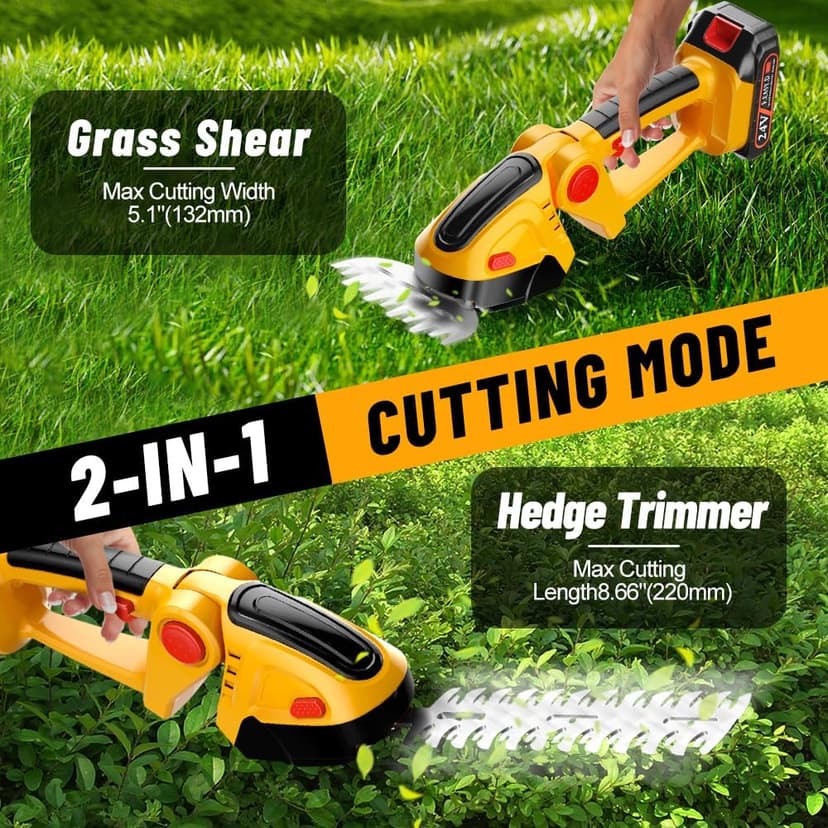 Hedge Trimmer Cordless with 21V Battery - 2 in 1 Electric Shrubbery Trimmer, Handheld Grass Shear Cutter Lightweight-Mini-Grass-Trimmer Bush Trimmer for Garden Yard Lawn Pruning