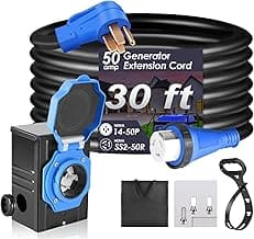 Seeutek 50 Amp Generator Cord, 4 Prong 30 FT Generator Extension Cord with Pre-drilled Power Inlet Box & Interlock Kit, NEMA 14-50P/SS2-50P Functional Cable, High Conductivity, ETL Listed