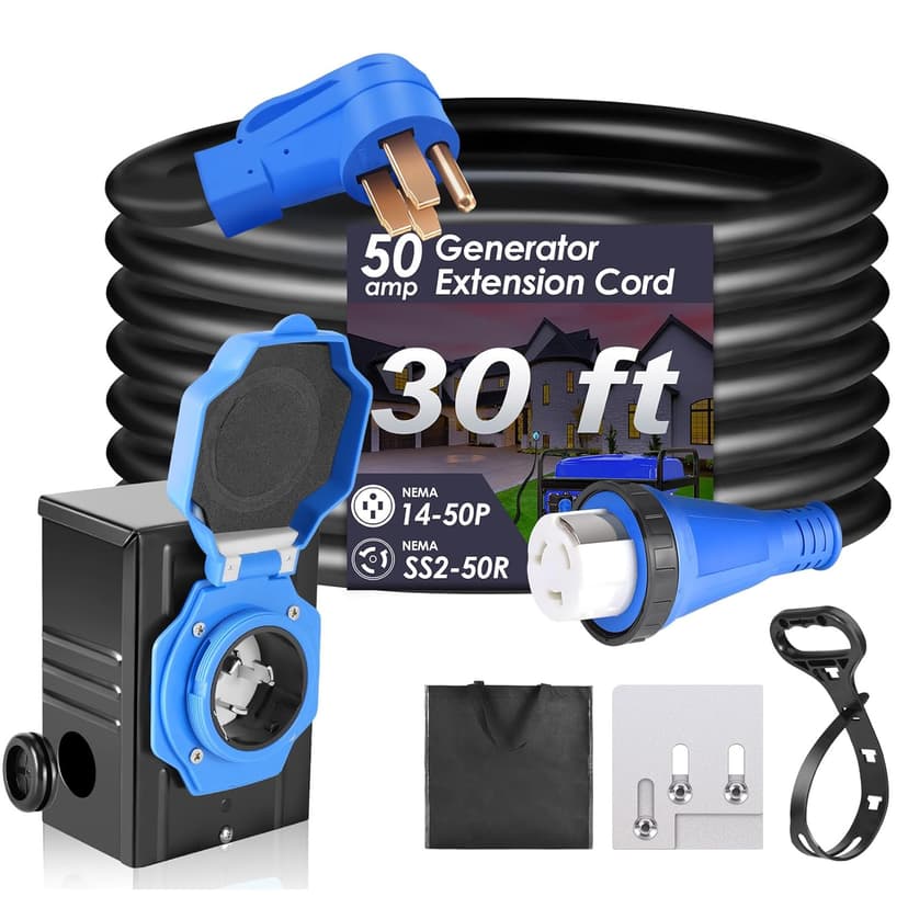 Seeutek 50 Amp Generator Cord, 4 Prong 30 FT Generator Extension Cord with Pre-drilled Power Inlet Box & Interlock Kit, NEMA 14-50P/SS2-50P Functional Cable, High Conductivity, ETL Listed