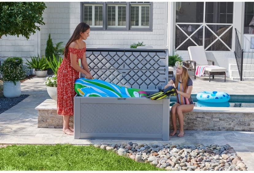 Rubbermaid Extra Large Resin Outdoor Storage Deck Box (134 Gal), Weather Resistant, Gray, Deck Organization for Home/Backyard/Pool Chemicals/Toys/Garden Tools/Porch/Patio Cushions