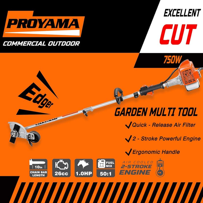 PROYAMA 26cc 6 in 1 Multi Functional Trimming Tools, Gas Hedge Trimmer, Weed Eater, String Trimmer, Brush Cutter, Edger, Pole Saw Chainsaw Pruner with Extension Pole