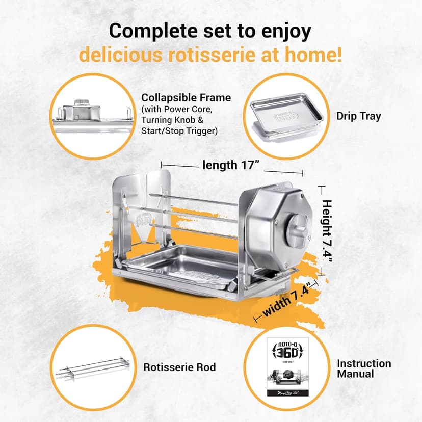 Cordless Universal Rotisserie Kit for Grills Ovens and Smokers - Non-Electric Wind-up Spit Roaster, Gas or Charcoal BBQ - Indoor/Outdoor (Stainless Steel)
