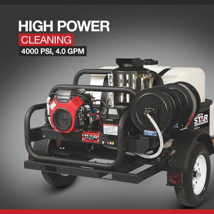 NorthStar Trailer-Mounted Portable Hot Water Commercial Pressure Power Washer - 4000 PSI, 4.0 GPM, Direct Drive, Honda Engine, 200-Gal. Water Tank