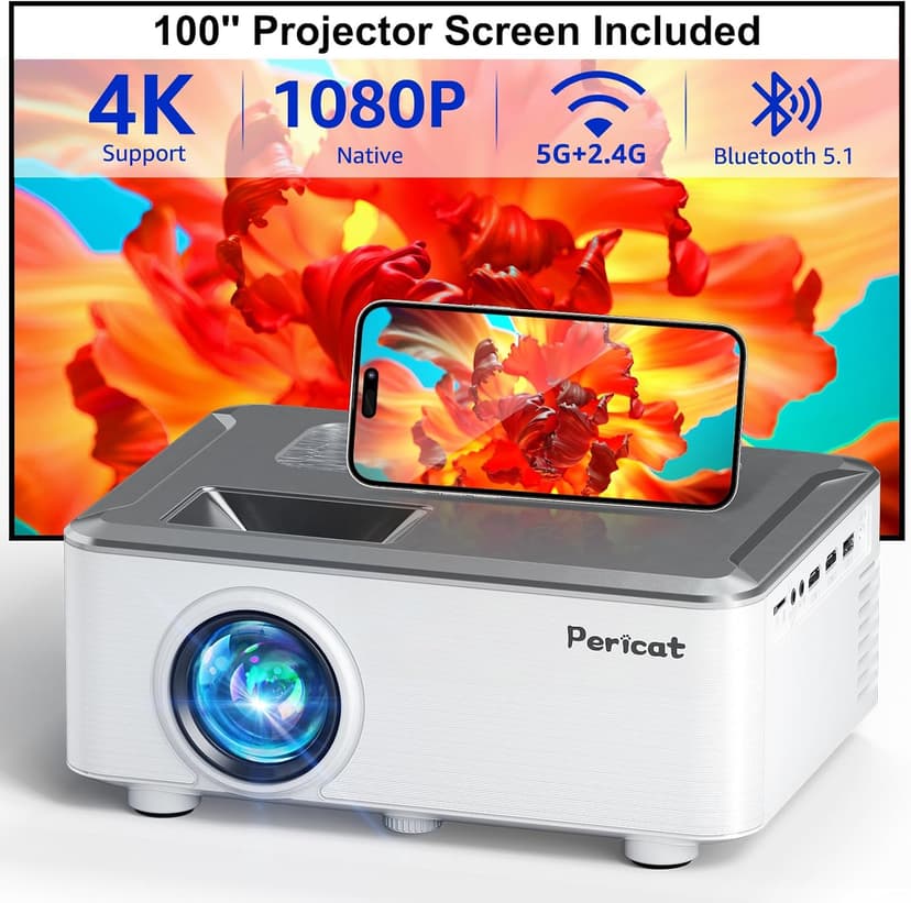 5G WIFI Bluetooth Projector with 100" Screen, 15000L Native 1080P Outdoor Projector, Pericat Home Theater Movie Projector,15W HIFI Speaker Video Projector Compatible with TV Stick/Phone/PC/Xbox