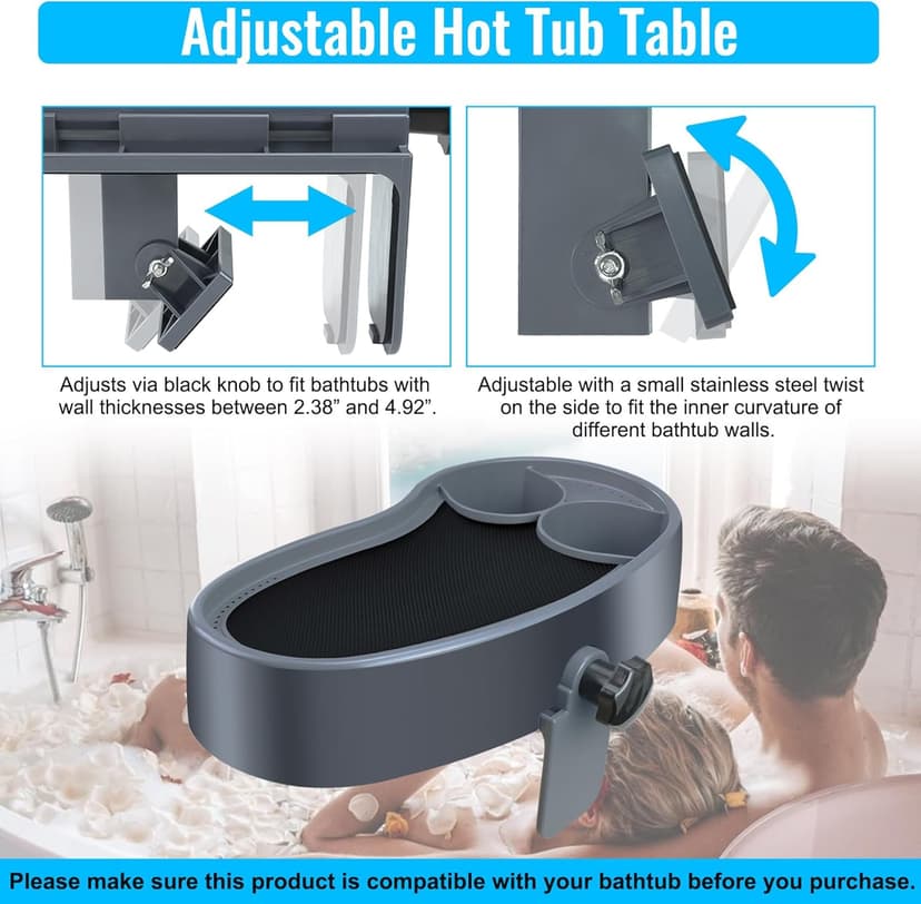 Larger Surface Adjustable Hot Tub Tray, 15.8" × 7.9" Hot Tub Cup Holder with Two Drink Holders, Floor Standing Bathtubs Tray with Wall Thickness of 2.38"- 4.92", Non-Slip Drainage Bathtub Storage