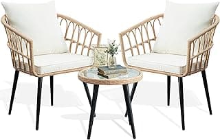 3 Piece Patio Bistro Set, Outdoor Wicker Apartment Balcony Furniture Sets, Rattan Table and Chairs Set of 2 for Porch Backyard Lawn Poolside Deck, Beige