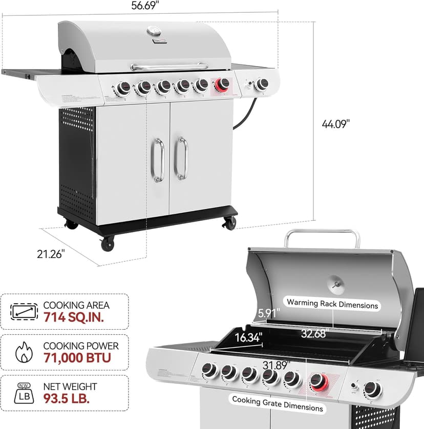 Royal Gourmet SG6002R 6-Burner Propane Grill with Sear Burner and Side Burner, Stainless Steel Cabinet Style Gas Grill with 71,000 BTU Output, for Outdoor Patio Garden Picnic Backyard Cooking, Silver