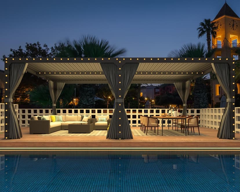 MELLCOM Louvered Pergola 12x24, Aluminum With Adjustable Roof, Outdoor With Waterproof Curtains and Nets, Dark Grey