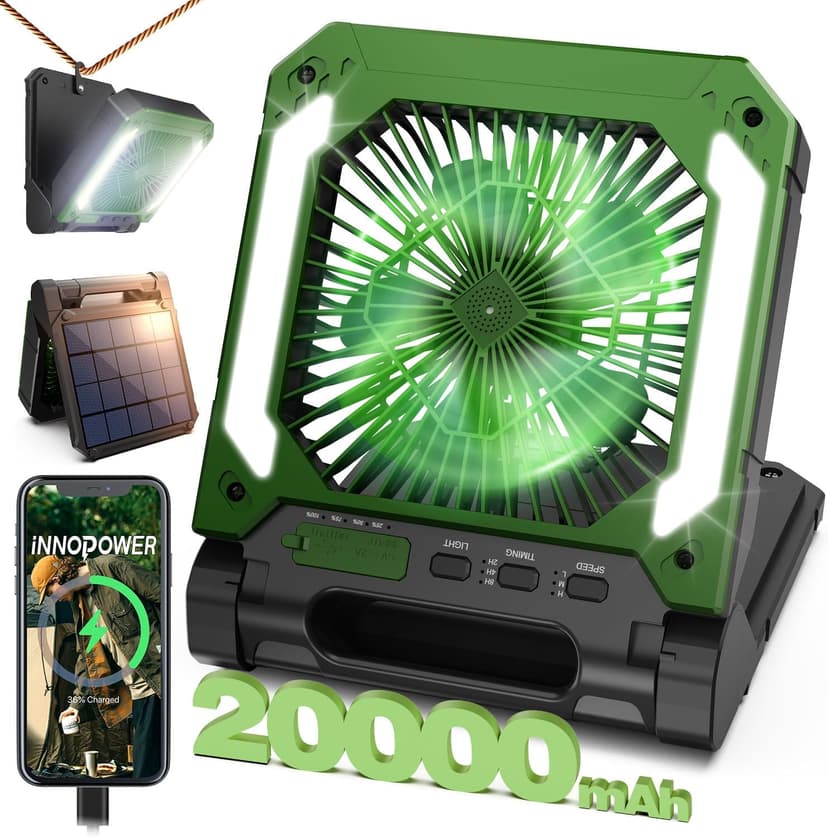 20000mAh Portable Fan Rechargeable with Solar Panel 2-in-1, 3 Speeds Cordless Battery Powered Fan with Led Lantern,Timer, Quiet USB-C Table Fan for Travel Tent Hurricane Office Home Bedroom(Green)