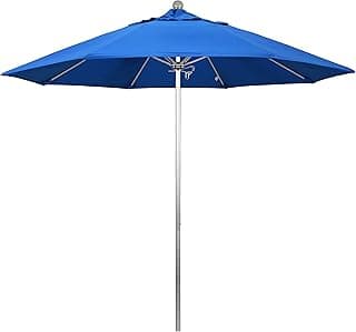 California Umbrella 9' Round Aluminum/Fiberglass Umbrella, Push Open, Silver Pole, Olefin Royal Blue Fabric