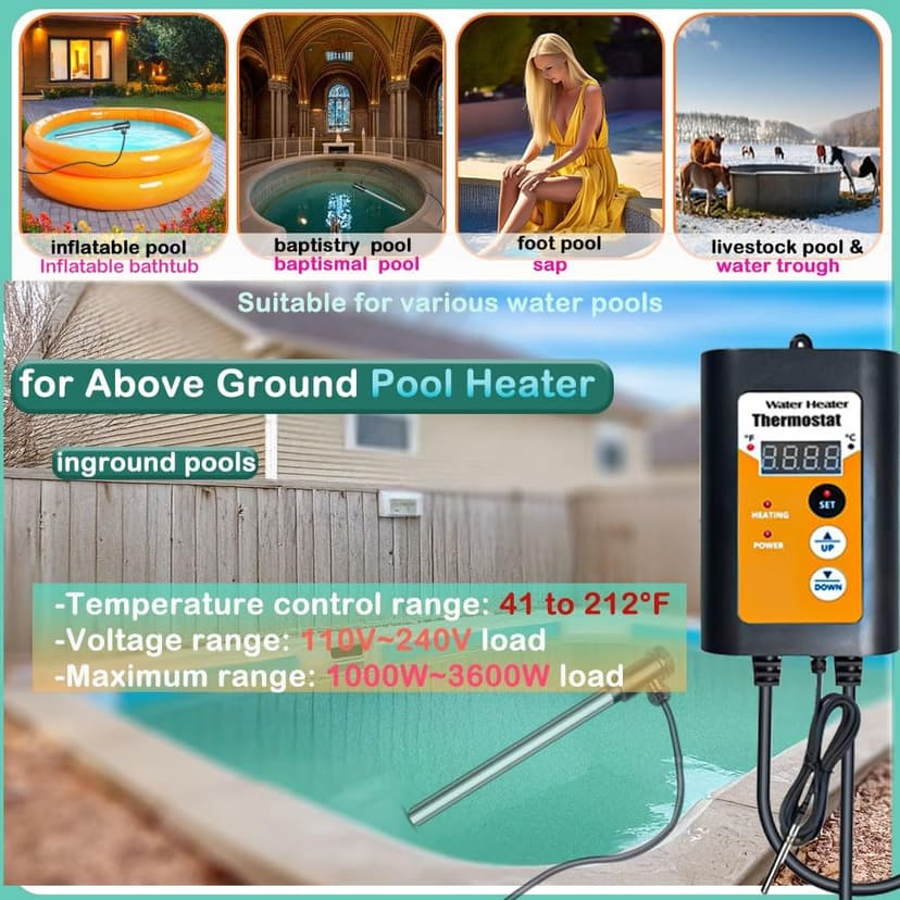 1800W Titanium Portable Fully Submersible Electric Pool And Hot Tub Immersion Water Heater - Gfci Plug, Thermostat For Bathtub, Inflatable, Swimming Above Ground Pools,Baptistry, Baptismal Pool