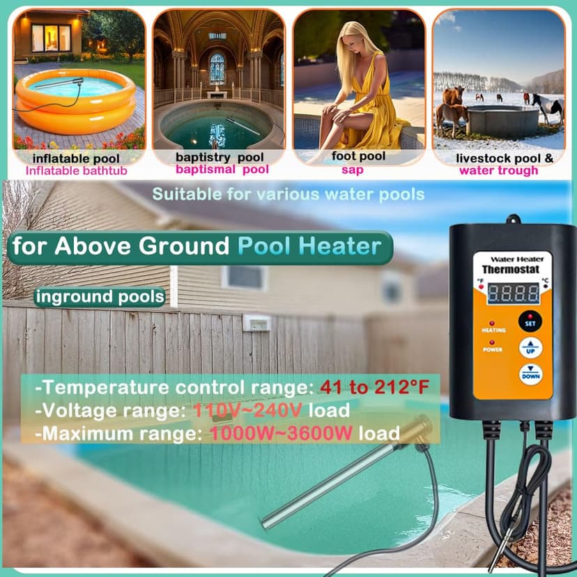 1300W Portable Submersible Titanium Water Heater with Gfci Plug, Immersion Water Heater with Thermostat for Bathtub, Bucket, Spa, Min Pool, Small Inflatable Hot Tub Water Heaters Parts