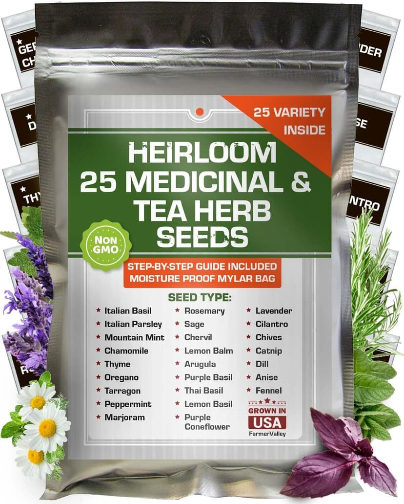 Set of 25 Medicinal Herbs and Herbal Tea Garden Seed Collection - Assorted Culinary Herb Seeds Variety Pack Including Lavender, Chamomile, Thyme, Oregano, Marjoram, and More