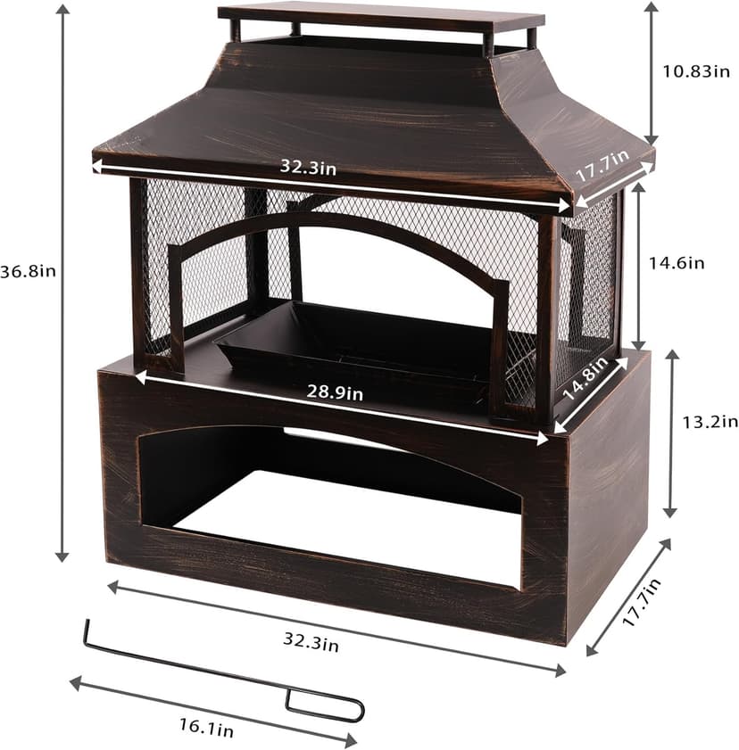 Red Mountain Valley 37" Fire Pits with Wood Storage for Outside, Large Wood Burning Outdoor Fireplace with Chimney, Mesh Spark Screen & Fire Poker, Idea for Backyard, Patio, Party, Camping, Picnic