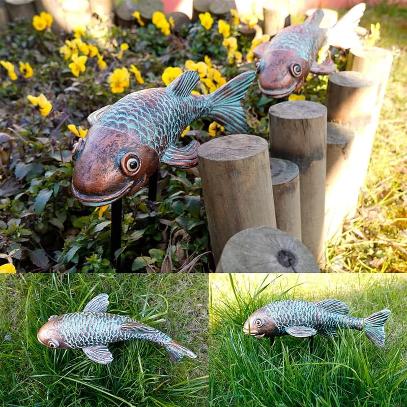 Koi Fish Decor - Set of 2 Antique Koi Fish Garden Statue for Outdoors, Patio and Backyard Decoration