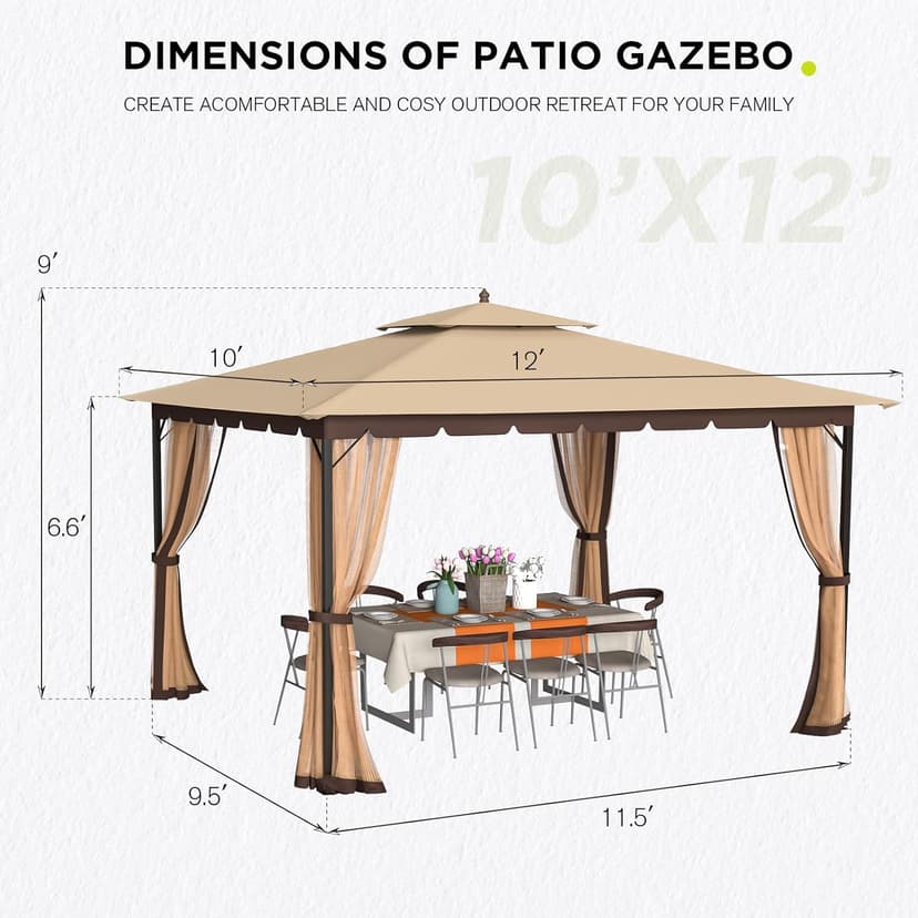 [New-Gen] Outdoor Patio Gazebo10x12,Gazebo with Mosquito Netting[Sturdy Metal Heavy Duty Frame],Outdoor Canopy Gazebos with Double Air Roofs,Outdoor Gazebo Tent,Waterproof Sunshade for Backyard/Deck