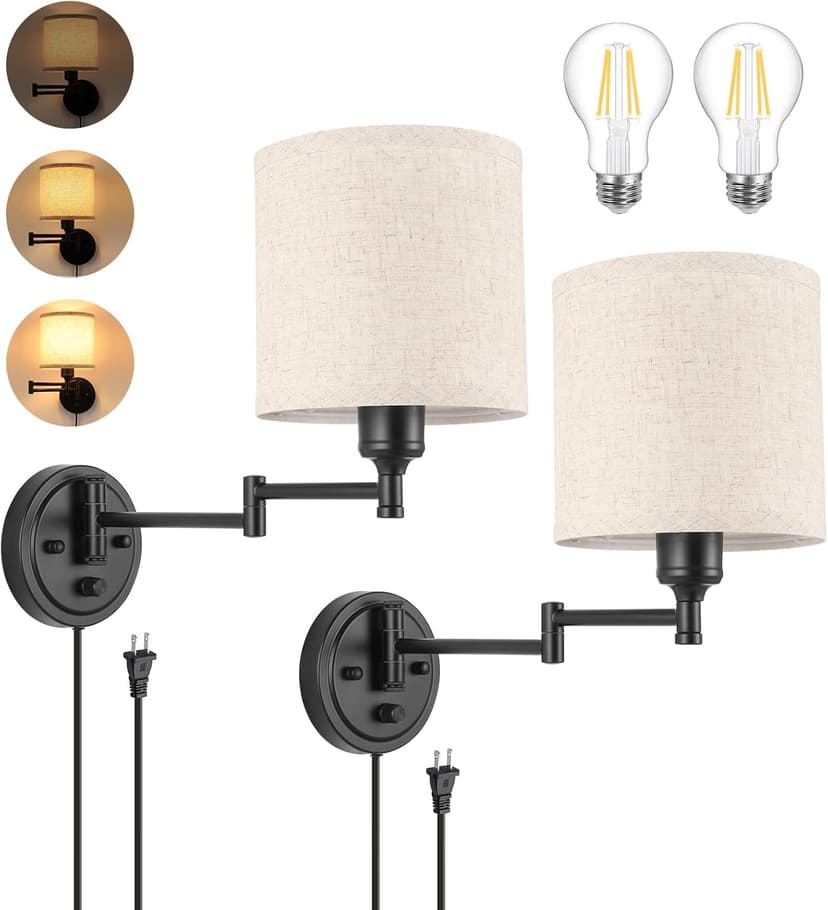 ENCOMLI Dimmable Plug in Wall Sconces, Swing Arm Wall Lamp, Wall Sconces Set of Two, Plug in Wall Light, Sconces Wall Decor Set of 2, Linen Fabric Shade, 2pcs Bulbs Included