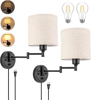 ENCOMLI Dimmable Plug in Wall Sconces, Swing Arm Wall Lamp, Wall Sconces Set of Two, Plug in Wall Light, Sconces Wall Decor Set of 2, Linen Fabric Shade, 2pcs Bulbs Included
