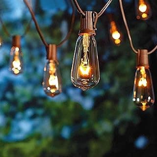 Abeja Outdoor String Lights 20Ft with 20 Vintage Bulbs(2 Spare) ST40 String Lights, Waterproof UL Listed for Patio Garden Backyard Party Decor, 7W, E12 Socket Base, Brown
