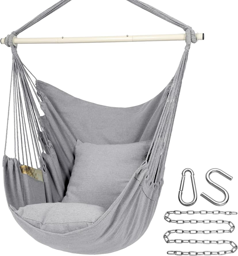Y- Stop Hammock Chair Hanging Rope Swing Chair, Max 500 Lbs, 2 Seat Cushions Included, Removable Steel Spreader Bar with Anti-Slip Rings, Hardware kit-for Indoor or Outdoor(Light Grey)
