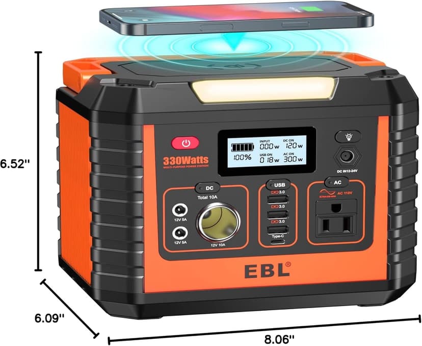 EBL Portable Power Station 300, 110V/330W Pure Sine Wave Solar Generator (Solar Panel Not Included) - Peak 600W Backup Lithium Batteries AC Outlet for Blackout Outdoors Camping Hunting Travel